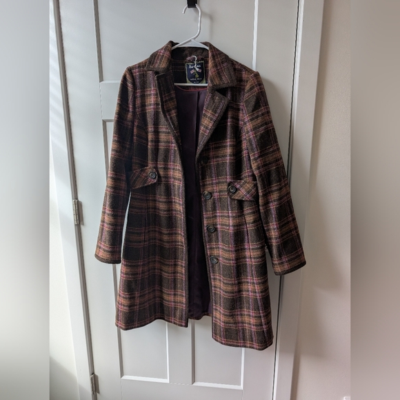 Boden Jackets & Blazers - Boden Plaid Wool-Blend Pea Coat in Brown and Pink